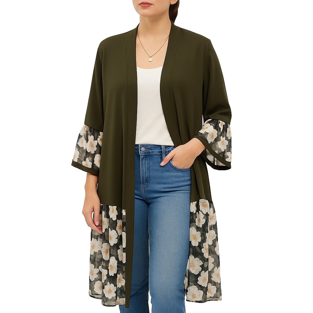 Maymara Olive Floral Long Kimono Womens M Boho Sheer Layered Duster